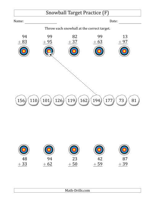 The Winter Snowball Target Practice Adding Two-Digit Numbers (F) Math Worksheet