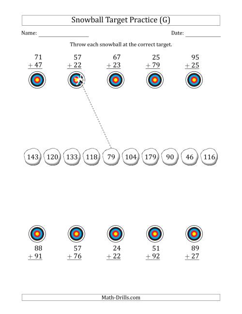 The Winter Snowball Target Practice Adding Two-Digit Numbers (G) Math Worksheet