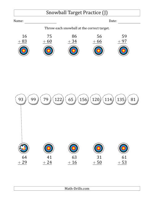 The Winter Snowball Target Practice Adding Two-Digit Numbers (J) Math Worksheet