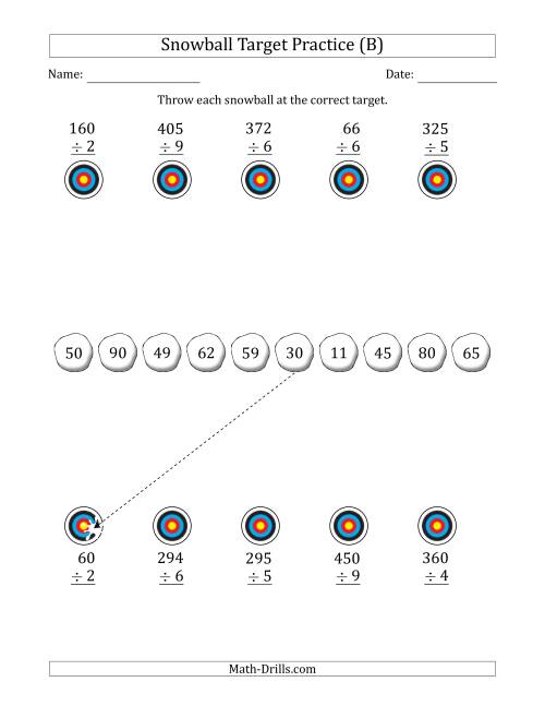 The Winter Snowball Target Practice Dividing by One-Digit Numbers (B) Math Worksheet