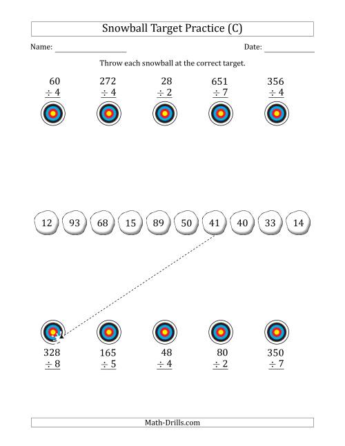 The Winter Snowball Target Practice Dividing by One-Digit Numbers (C) Math Worksheet