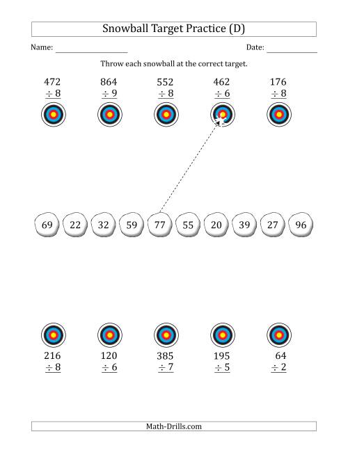The Winter Snowball Target Practice Dividing by One-Digit Numbers (D) Math Worksheet