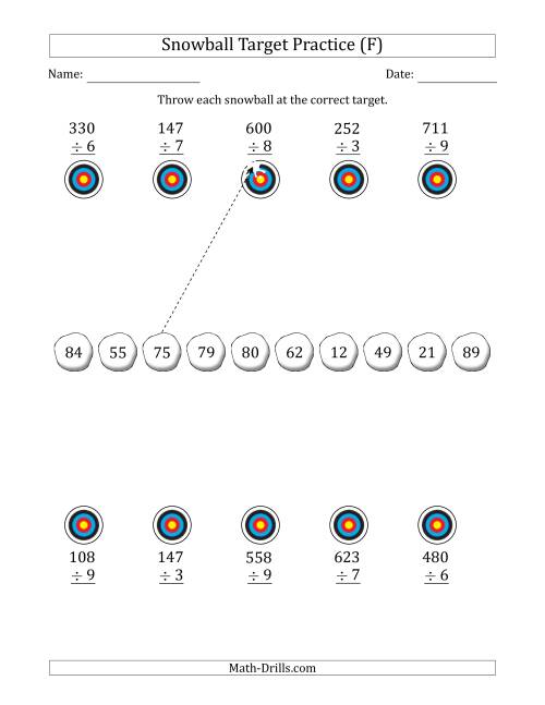 The Winter Snowball Target Practice Dividing by One-Digit Numbers (F) Math Worksheet