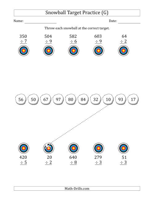 The Winter Snowball Target Practice Dividing by One-Digit Numbers (G) Math Worksheet