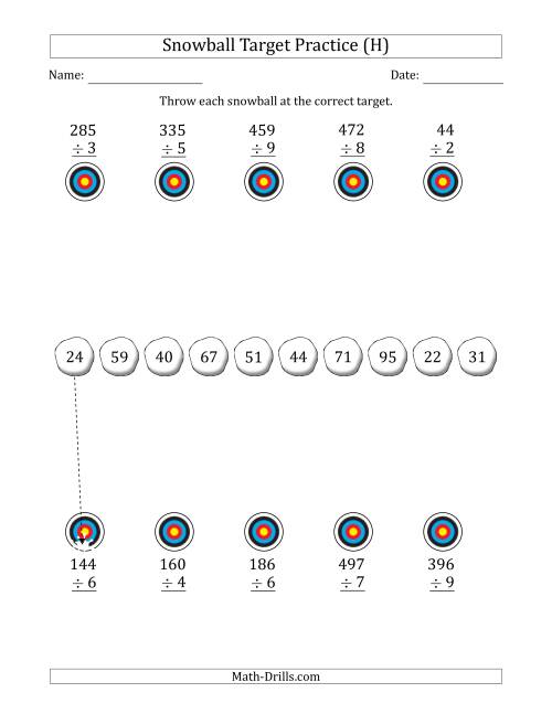 The Winter Snowball Target Practice Dividing by One-Digit Numbers (H) Math Worksheet