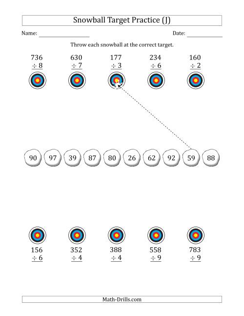 The Winter Snowball Target Practice Dividing by One-Digit Numbers (J) Math Worksheet