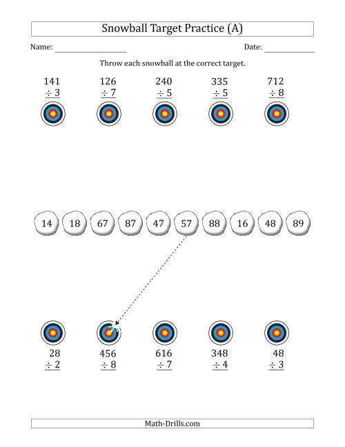 The Winter Snowball Target Practice Dividing by One-Digit Numbers (All) Math Worksheet