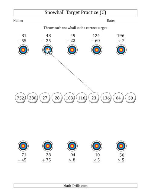 The Winter Snowball Target Practice Mixed Operations with Smaller Numbers (C) Math Worksheet