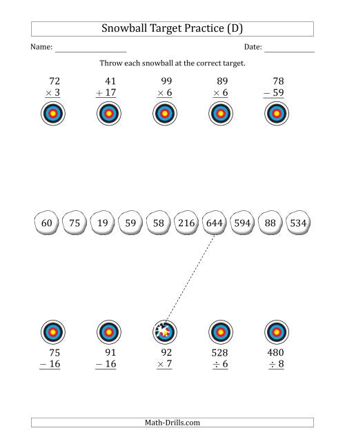 The Winter Snowball Target Practice Mixed Operations with Smaller Numbers (D) Math Worksheet