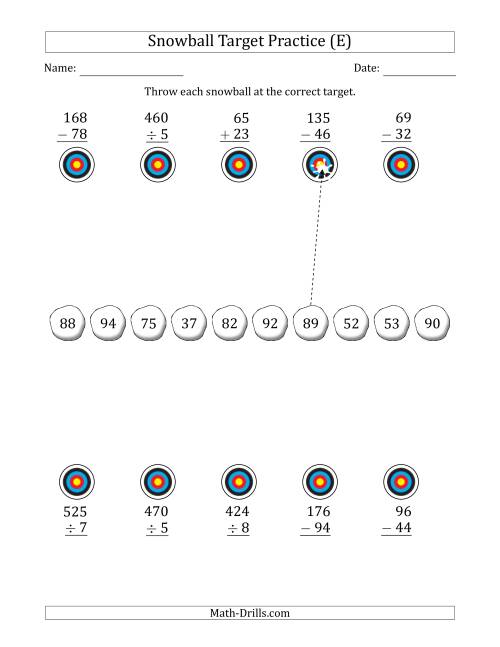 The Winter Snowball Target Practice Mixed Operations with Smaller Numbers (E) Math Worksheet