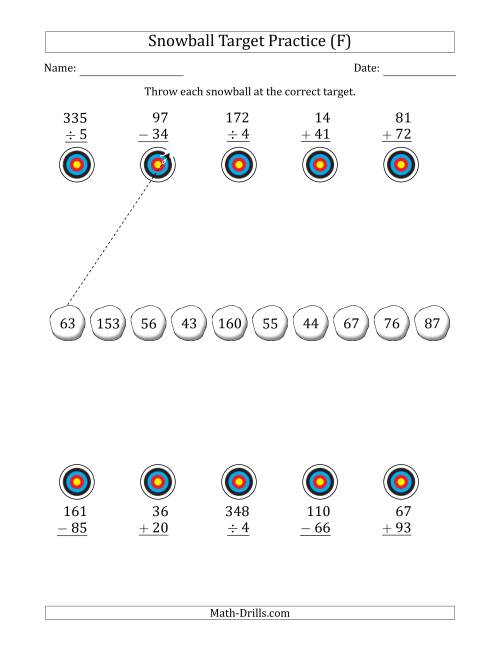 The Winter Snowball Target Practice Mixed Operations with Smaller Numbers (F) Math Worksheet