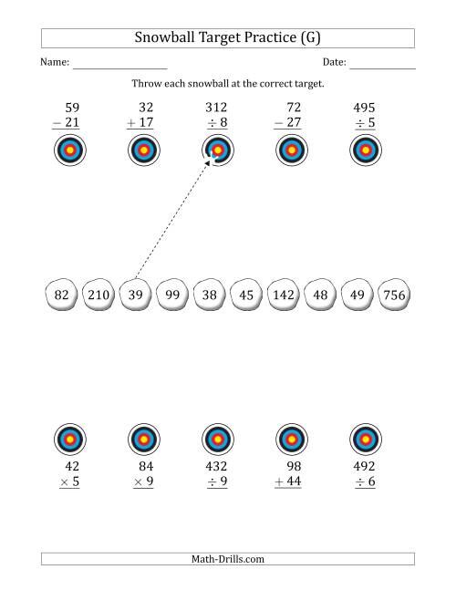 The Winter Snowball Target Practice Mixed Operations with Smaller Numbers (G) Math Worksheet
