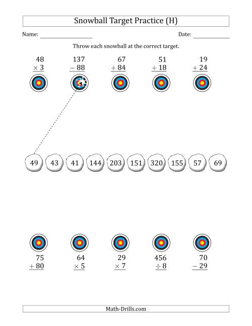 The Winter Snowball Target Practice Mixed Operations with Smaller Numbers (H) Math Worksheet