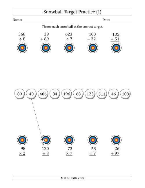 The Winter Snowball Target Practice Mixed Operations with Smaller Numbers (I) Math Worksheet