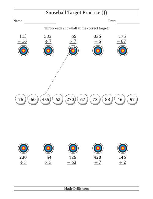 The Winter Snowball Target Practice Mixed Operations with Smaller Numbers (J) Math Worksheet