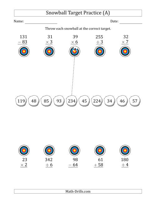 The Winter Snowball Target Practice Mixed Operations with Smaller Numbers (All) Math Worksheet