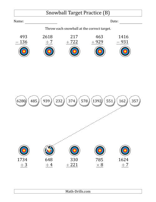 The Winter Snowball Target Practice Mixed Operations with Larger Numbers (B) Math Worksheet