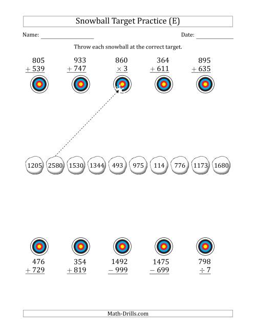 The Winter Snowball Target Practice Mixed Operations with Larger Numbers (E) Math Worksheet