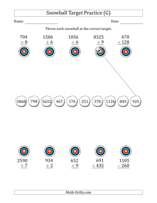 The Winter Snowball Target Practice Mixed Operations with Larger Numbers (G) Math Worksheet
