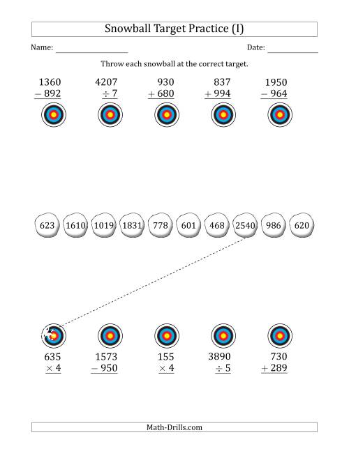 The Winter Snowball Target Practice Mixed Operations with Larger Numbers (I) Math Worksheet