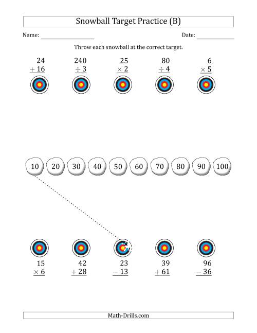 The Winter Snowball Target Practice Mixed Operations with Sequences (B) Math Worksheet