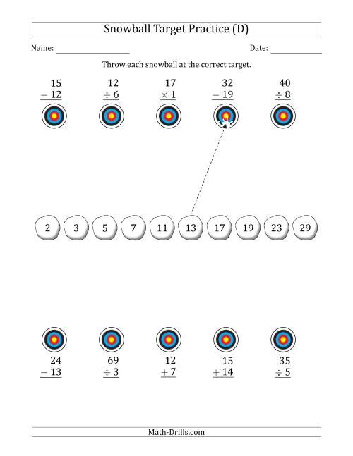 The Winter Snowball Target Practice Mixed Operations with Sequences (D) Math Worksheet