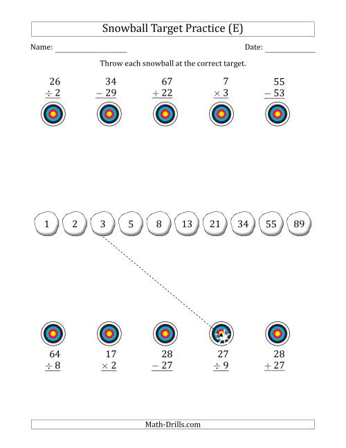 The Winter Snowball Target Practice Mixed Operations with Sequences (E) Math Worksheet