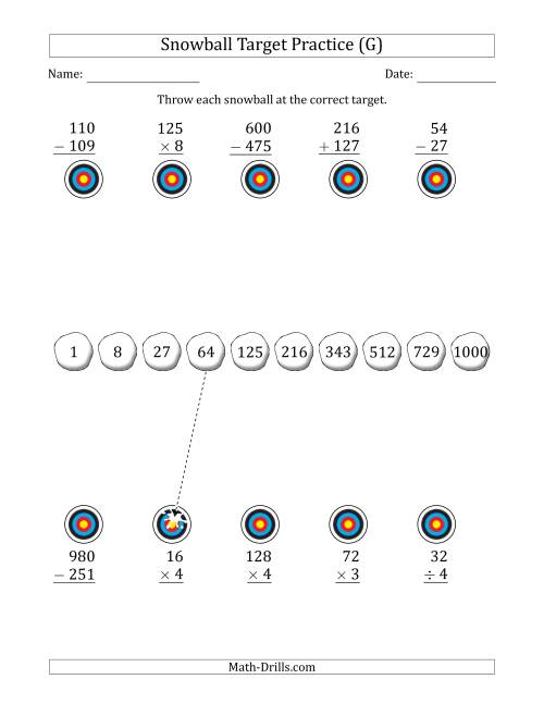 The Winter Snowball Target Practice Mixed Operations with Sequences (G) Math Worksheet