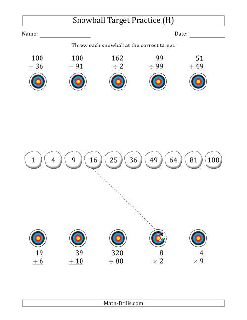 The Winter Snowball Target Practice Mixed Operations with Sequences (H) Math Worksheet