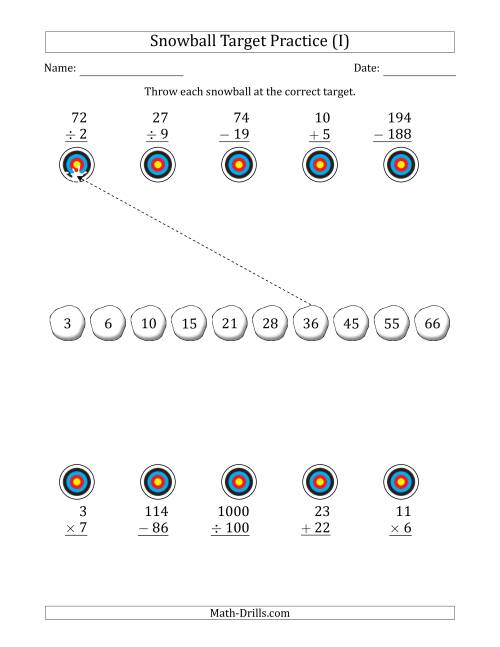 The Winter Snowball Target Practice Mixed Operations with Sequences (I) Math Worksheet