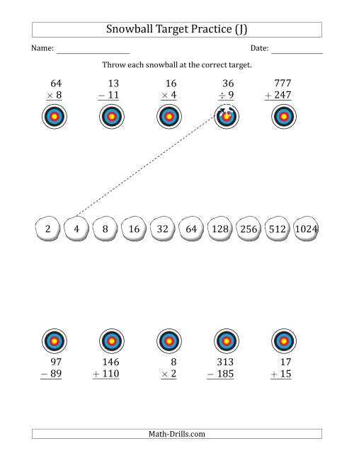 The Winter Snowball Target Practice Mixed Operations with Sequences (J) Math Worksheet