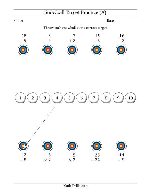 The Winter Snowball Target Practice Mixed Operations with Sequences (All) Math Worksheet