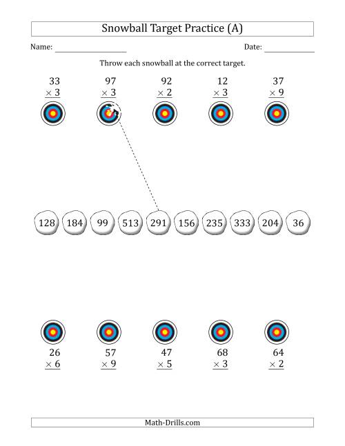 The Winter Snowball Target Practice Multiplying Two-Digit by One-Digit Numbers (A) Math Worksheet
