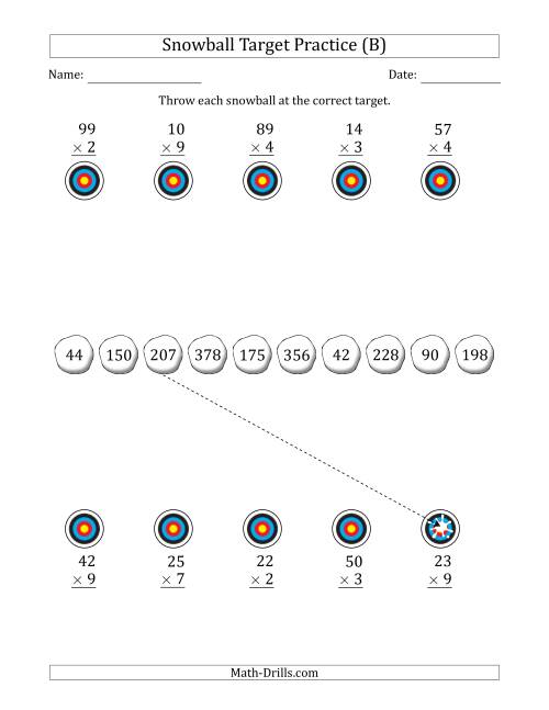 The Winter Snowball Target Practice Multiplying Two-Digit by One-Digit Numbers (B) Math Worksheet
