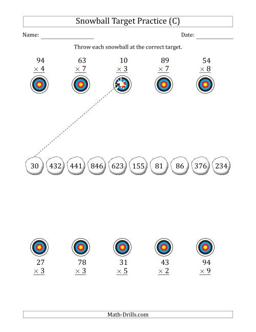 The Winter Snowball Target Practice Multiplying Two-Digit by One-Digit Numbers (C) Math Worksheet
