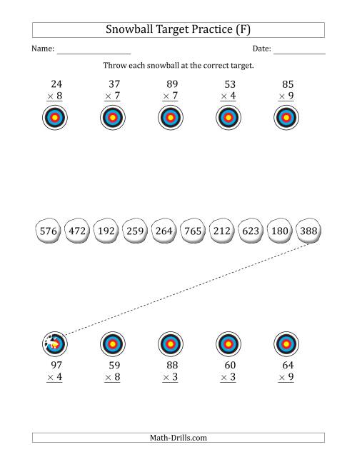 The Winter Snowball Target Practice Multiplying Two-Digit by One-Digit Numbers (F) Math Worksheet