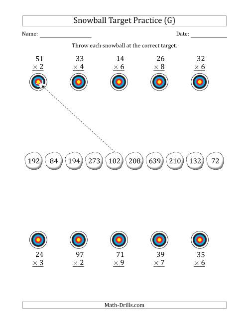 The Winter Snowball Target Practice Multiplying Two-Digit by One-Digit Numbers (G) Math Worksheet