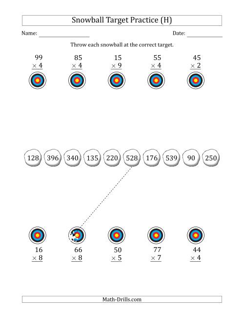 The Winter Snowball Target Practice Multiplying Two-Digit by One-Digit Numbers (H) Math Worksheet