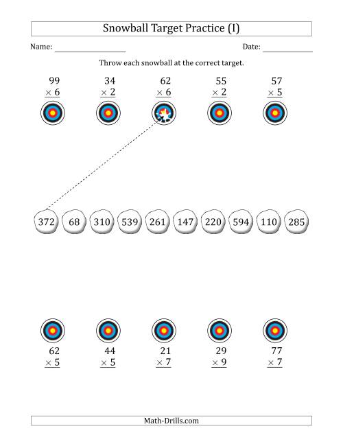 The Winter Snowball Target Practice Multiplying Two-Digit by One-Digit Numbers (I) Math Worksheet