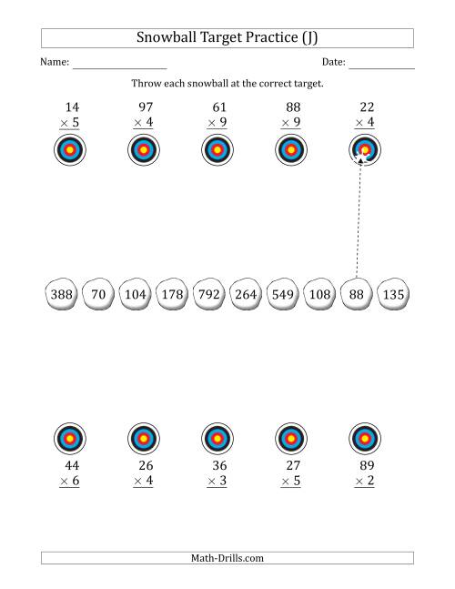 The Winter Snowball Target Practice Multiplying Two-Digit by One-Digit Numbers (J) Math Worksheet