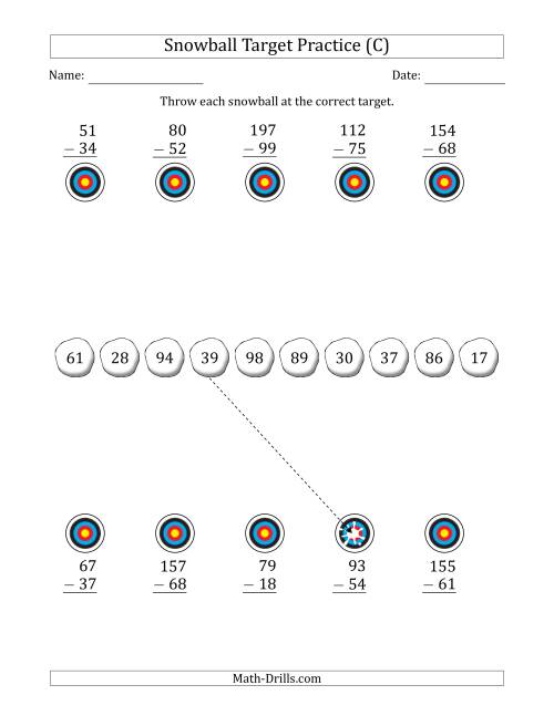 The Winter Snowball Target Practice Subtracting Two-Digit Numbers (C) Math Worksheet