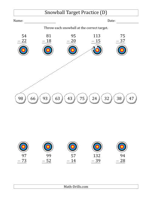 The Winter Snowball Target Practice Subtracting Two-Digit Numbers (D) Math Worksheet