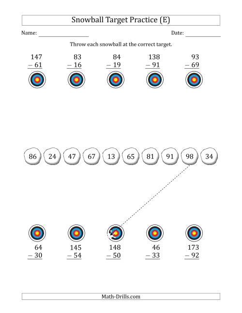 The Winter Snowball Target Practice Subtracting Two-Digit Numbers (E) Math Worksheet