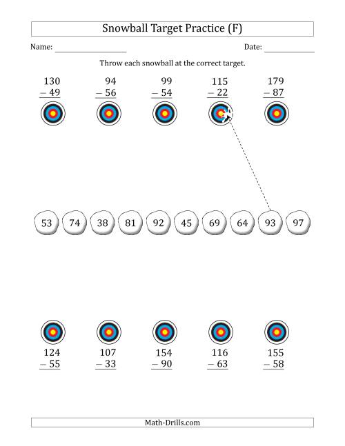 The Winter Snowball Target Practice Subtracting Two-Digit Numbers (F) Math Worksheet