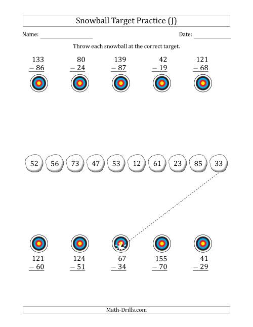 The Winter Snowball Target Practice Subtracting Two-Digit Numbers (J) Math Worksheet