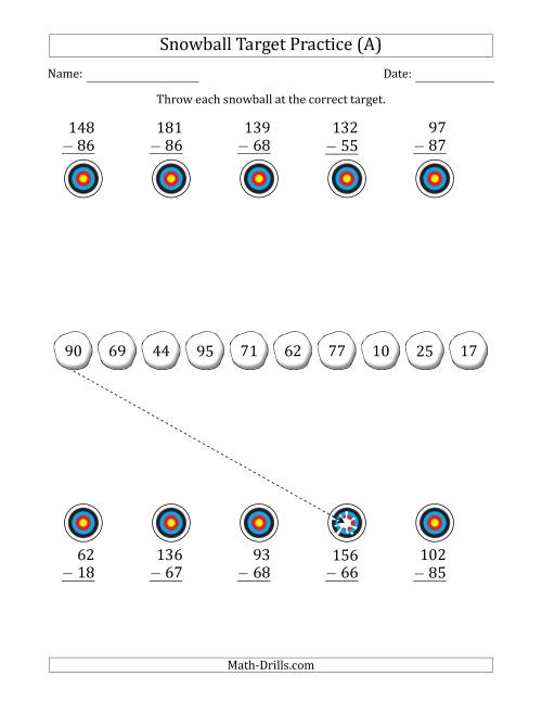 The Winter Snowball Target Practice Subtracting Two-Digit Numbers (All) Math Worksheet