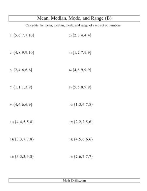 The Mean, Median, Mode and Range -- Sorted Sets (Sets of 5 from 1 to 10) (B) Math Worksheet