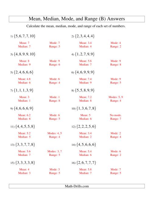 The Mean, Median, Mode and Range -- Sorted Sets (Sets of 5 from 1 to 10) (B) Math Worksheet Page 2