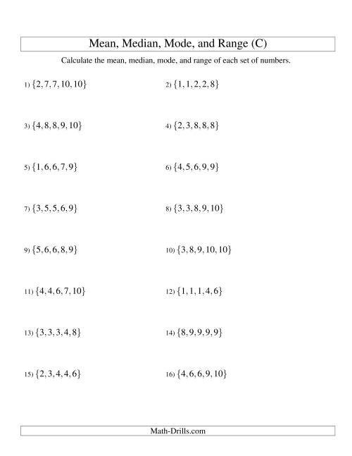 The Mean, Median, Mode and Range -- Sorted Sets (Sets of 5 from 1 to 10) (C) Math Worksheet