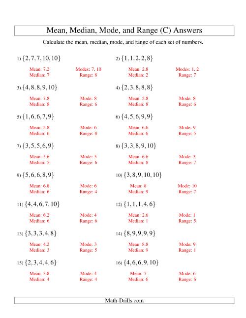 The Mean, Median, Mode and Range -- Sorted Sets (Sets of 5 from 1 to 10) (C) Math Worksheet Page 2